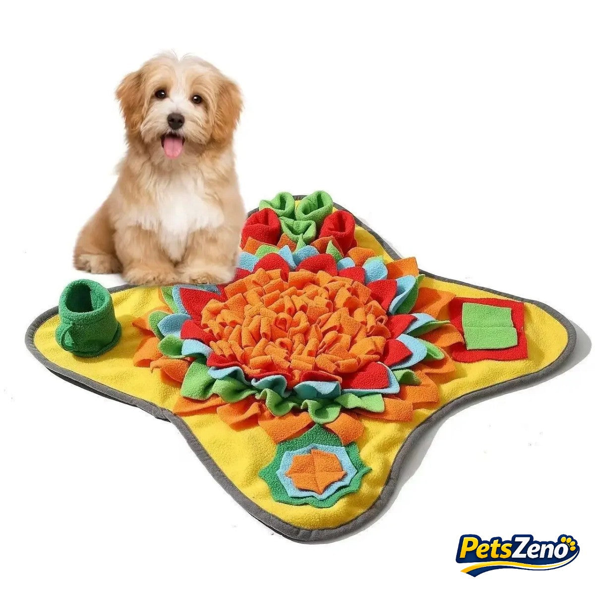 Dog sniffing for treats in a flower snuffle mat – PetsZeno