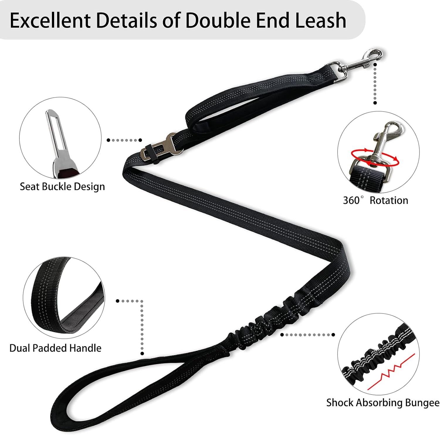 Ultimate Double Dog Leash - Tangle-Free 360° Dual Leash for Small to Large Dogs with Adjustable Seat Belt Feature - Stylish Black Design