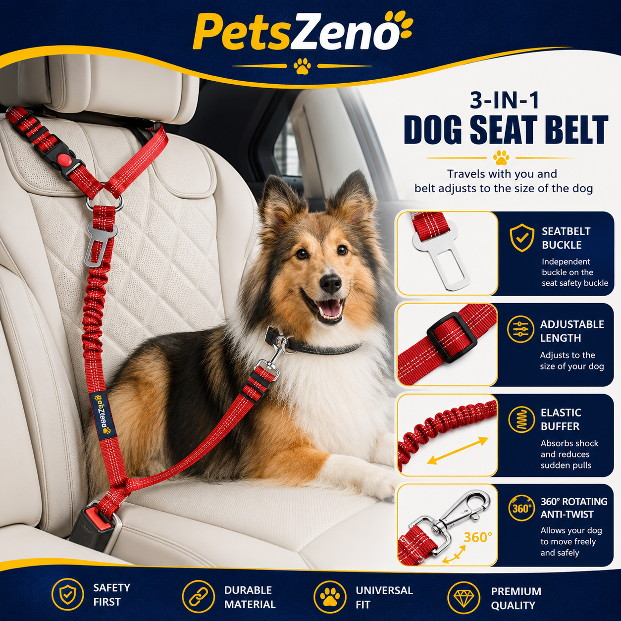 PetsZeno™ 3-in-1 Dog Car Seat Belt | Adjustable Safety Leash with Reflective Bungee & 360° Swivel Clip