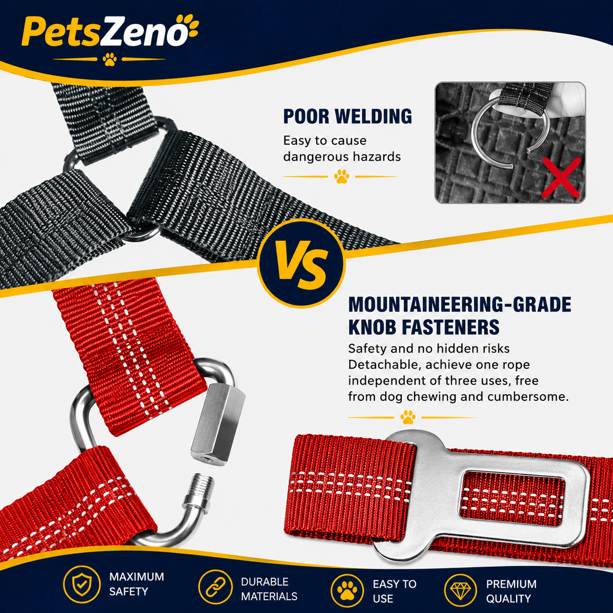 PetsZeno™ 3-in-1 Dog Car Seat Belt | Adjustable Safety Leash with Reflective Bungee & 360° Swivel Clip