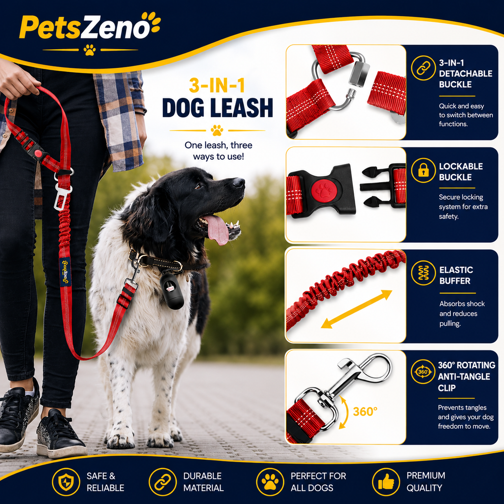 PetsZeno™ 3-in-1 Dog Car Seat Belt | Adjustable Safety Leash with Reflective Bungee & 360° Swivel Clip