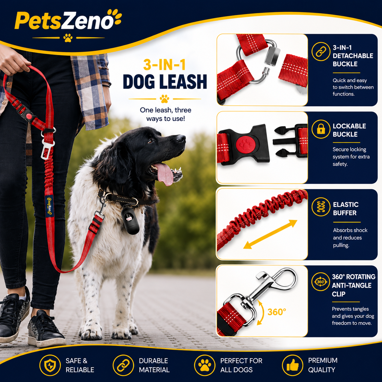 PetsZeno™ 3-in-1 Dog Car Seat Belt | Adjustable Safety Leash with Reflective Bungee & 360° Swivel Clip