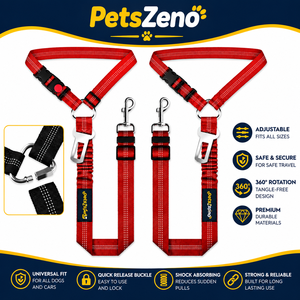 PetsZeno™ 3-in-1 Dog Car Seat Belt | Adjustable Safety Leash with Reflective Bungee & 360° Swivel Clip