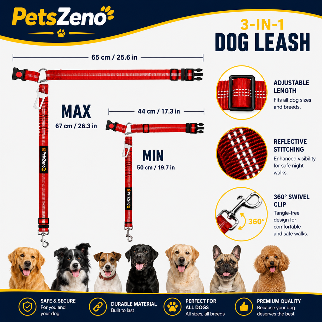 PetsZeno™ 3-in-1 Dog Car Seat Belt | Adjustable Safety Leash with Reflective Bungee & 360° Swivel Clip