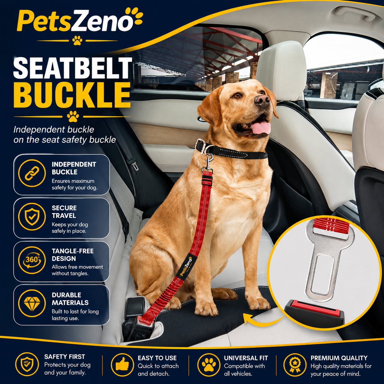 PetsZeno™ 3-in-1 Dog Car Seat Belt | Adjustable Safety Leash with Reflective Bungee & 360° Swivel Clip