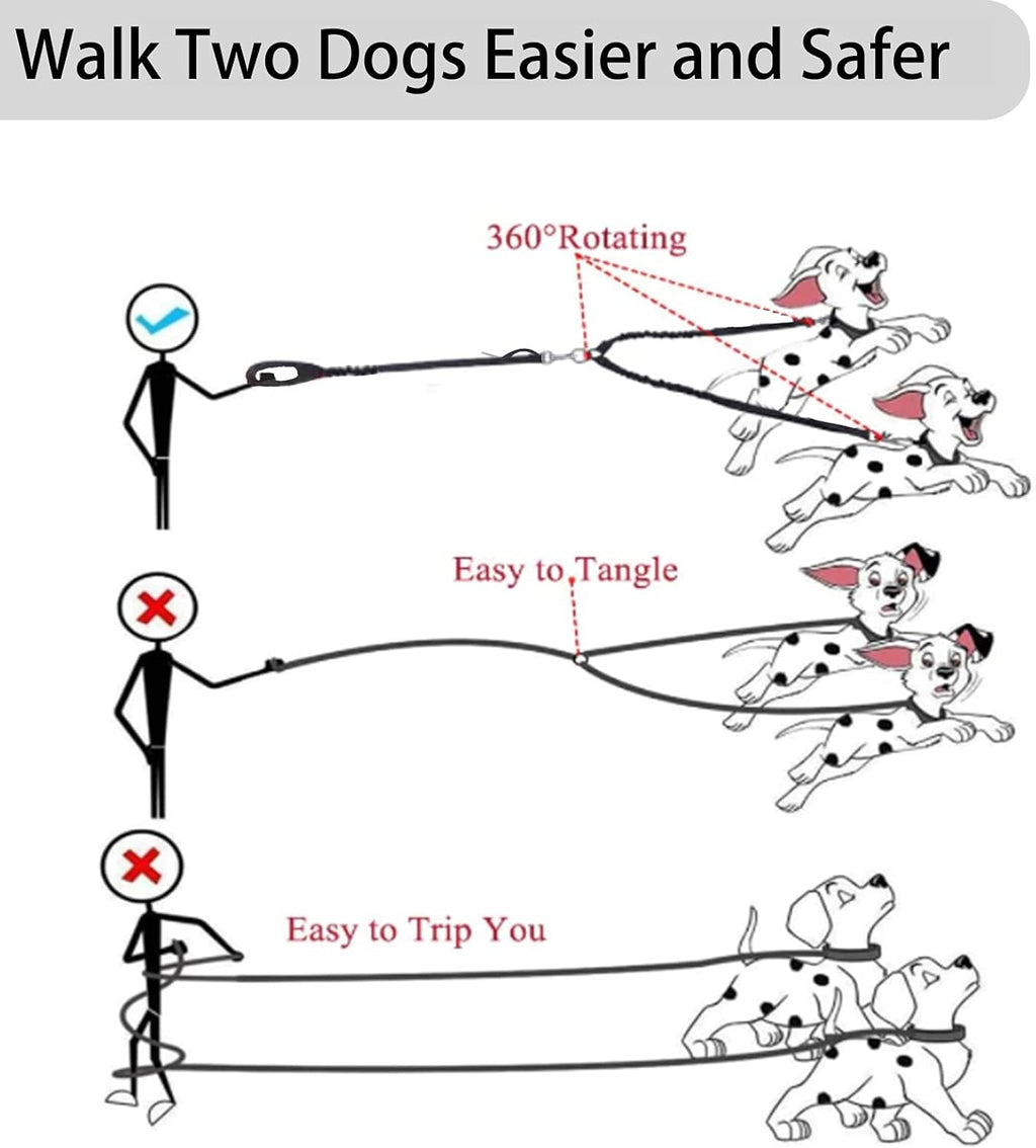 Ultimate Double Dog Leash - Tangle-Free 360° Dual Leash for Small to Large Dogs with Adjustable Seat Belt Feature - Stylish Black Design